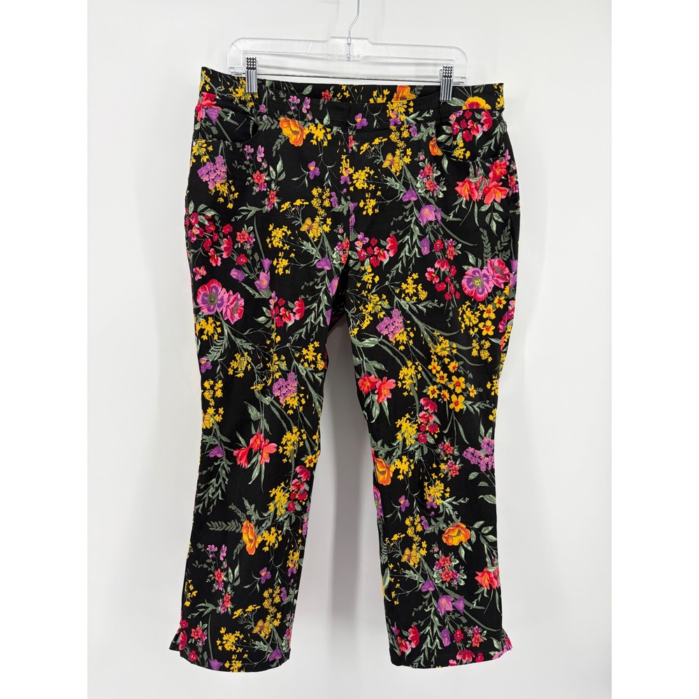 Susan Graver Womens 16 Black Floral Straight Leg Pull On Crop Stretch Pants